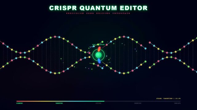 Innovative Biotech Quantum Computing digital interface showing the systematic scanning and molecular editing process of a stylized dna strand structure in a high resolution virtual environment