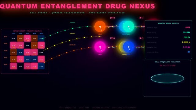 Futuristic Biotech Quantum Computing simulation displays complex entanglement and drug target correlations with vibrant neon glowing digital interfaces and data visualizations.