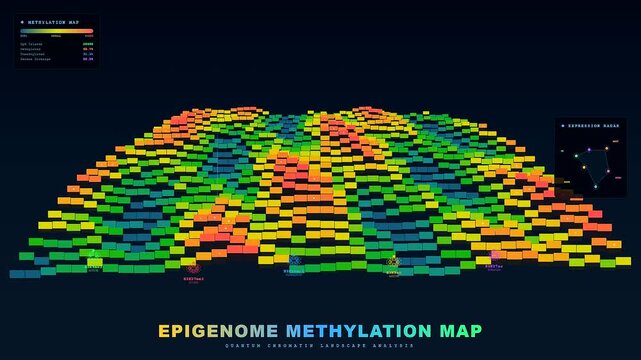 Advanced Biotech Quantum Computing visualizing complex data landscapes showcasing groundbreaking scientific research and data analysis with vibrant color gradients on a dark background.