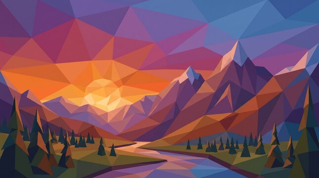 Vibrant Low Poly Geometric Mountain Landscape with River at Sunset