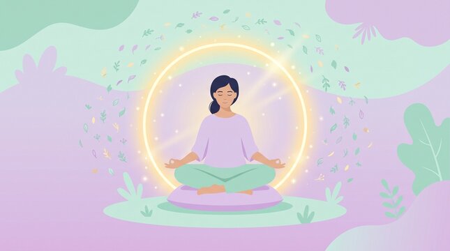 Peaceful Woman Meditating in Nature with Glowing Aura and Floating Leaves