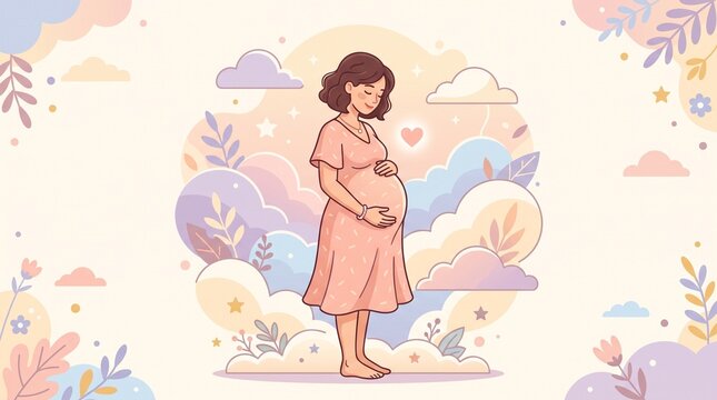 Serene Pregnant Woman Embracing Motherhood in Pastel Dreamscape