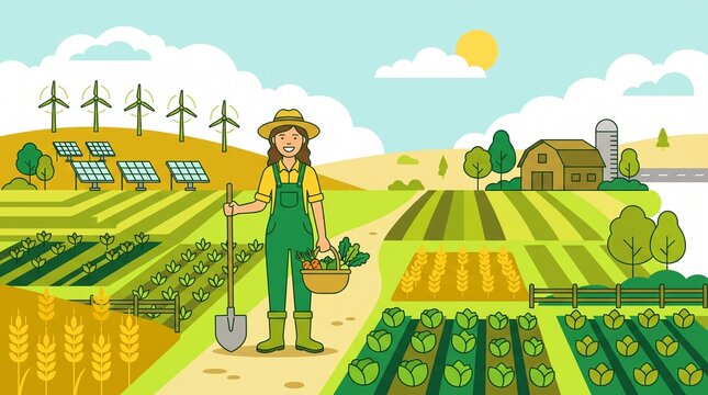 Female Farmer with Harvest on Sustainable Farm with Renewable Energy