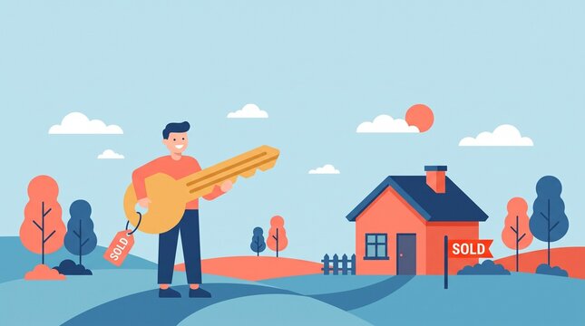 Happy Man Holding Key to New Home After Successful Real Estate Purchase