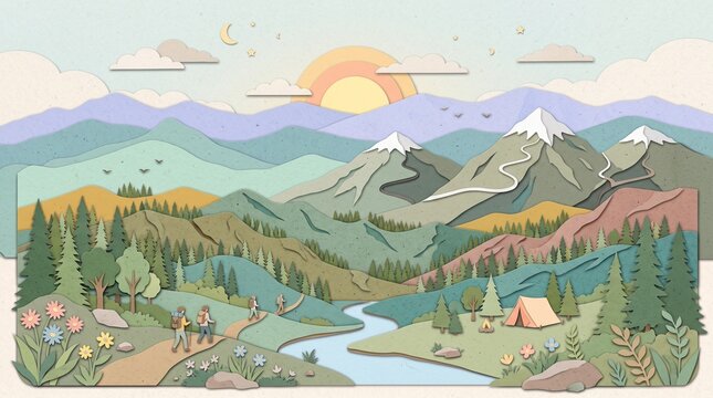 Paper Cut Mountain Landscape with Hikers, River, and Campsite at Sunrise