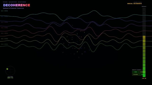Visualizing Biotech Quantum Computing abstract data streams transitioning from quantum to classical states with vibrant color gradients in this futuristic digital simulation.