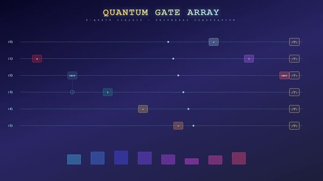 A complex Biotech Quantum Computing interface displays evolving logic gate arrays and algorithmic processing sequences as data points shift across a futuristic dark blue digital laboratory screen