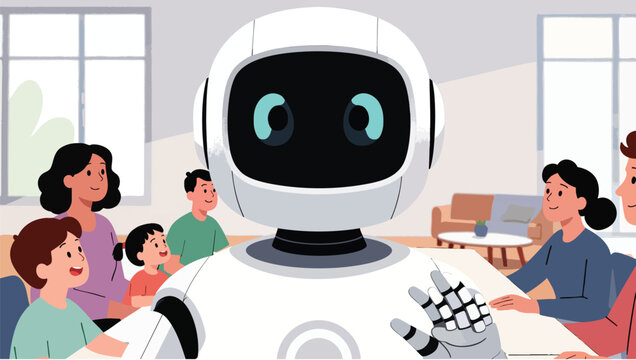 Pixel style humanoid robot waving hello to a group of diverse people in a bright indoor setting.