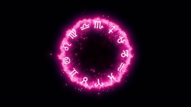 Pink and Red Zodiac Magic Circle Expanding into Sparkling Druid Energy Ring, VFX MOV on Transparent Background with Alpha Channel