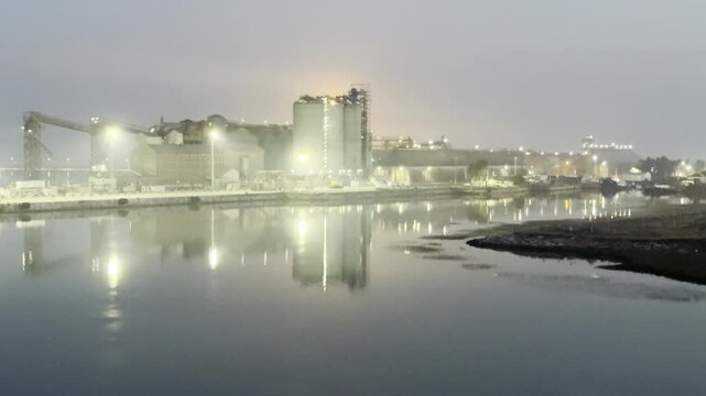 night view of industrial plant. fire at chemical tank.