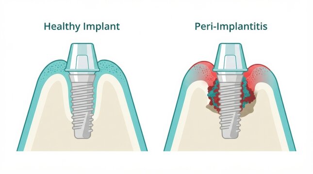 This shows a healthy dental implant next to a dental implant affected by peri-implantitis, highlighting the effects on oral health.