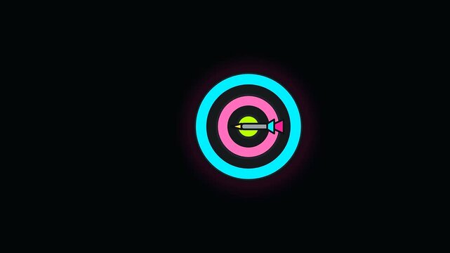 Dart flying towards the center of a neon circular target graphic showcasing workspace productivity and cognitive ergonomics through a smooth animated sequence against deep black canvas