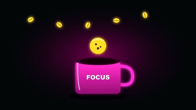 A glowing pink mug animation showcasing workspace productivity and cognitive ergonomics with floating coffee beans and a neon light effect set against a deep black dark background