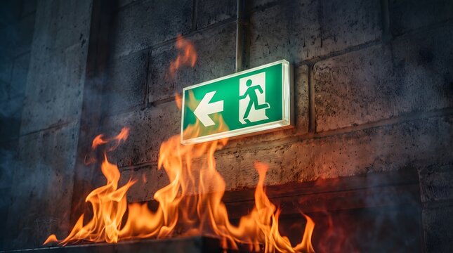 Industrial fire emergency evacuation concept with glowing green exit sign above dangerous flames in concrete building