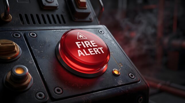 Close-up of a red glowing fire alert push button on an industrial machine panel for workplace safety and urgent risk mitigation