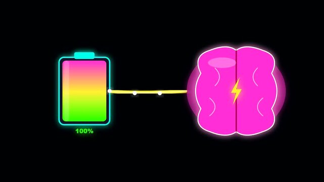Digital battery icons charging a pink human brain to illustrate workspace productivity through cognitive ergonomics and energy replenishment in a sleek modern graphic design interface display