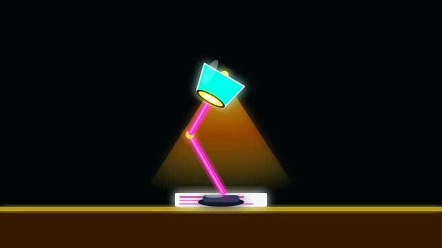 A mechanical desk lamp turns on to illuminate a workspace productivity area enhancing cognitive ergonomics through directional golden light beams focused upon a flat reading surface