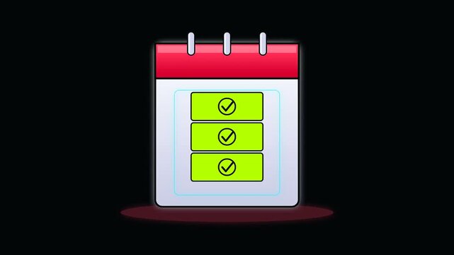 a flat graphic animation showing calendar progress with workspace productivity and cognitive ergonomics elements evolving from yellow pending circles to green check marks in sequence