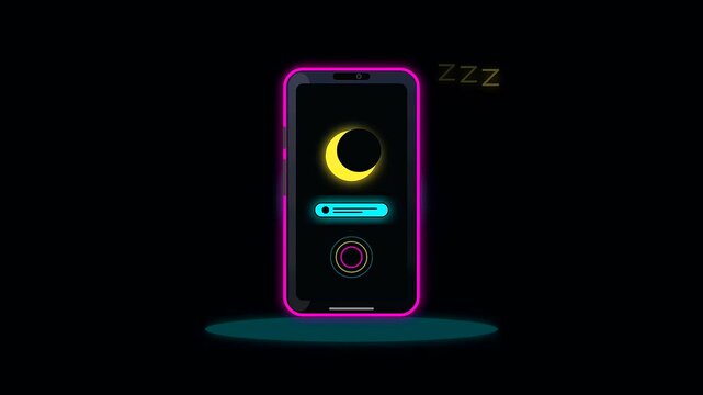 Digital mobile screen display showing sleep mode animation for workspace productivity and cognitive ergonomics enhancing nocturnal rest cycle visuals in a dark neon glowing environment style
