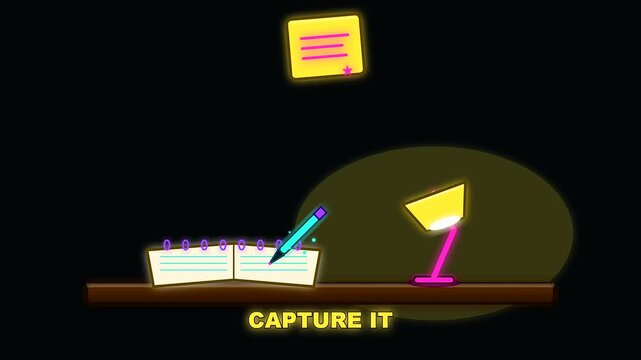 A glowing desk lamp illuminates a notebook with workspace productivity as a floating neon note appears to represent cognitive ergonomics in this minimalist animation sequence