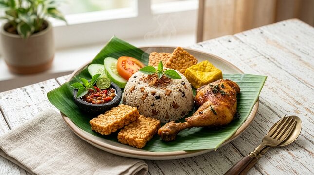 Nasi Tutug Oncom Sundanese Complete Meal with Chicken and Tempeh