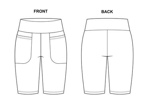 Technical fashion flat sketch of women's shorts design template. Mockup front and back view.	