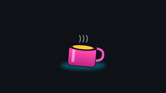 A vibrant pink ceramic mug oscillates on a dark surface to enhance workspace productivity while promoting cognitive ergonomics through this rhythmic and playful animation sequence