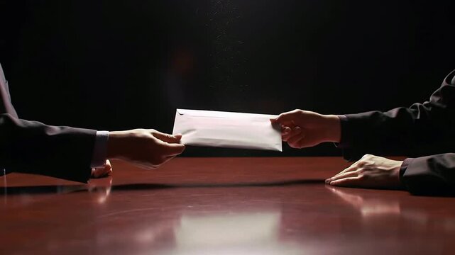 Dramatic Side-Angle View of Two Anonymous Figures Exchanging a Document in a Dark Corporate Boardroom at Night, Emphasizing Secrecy and Business Negotiation Dynamics
