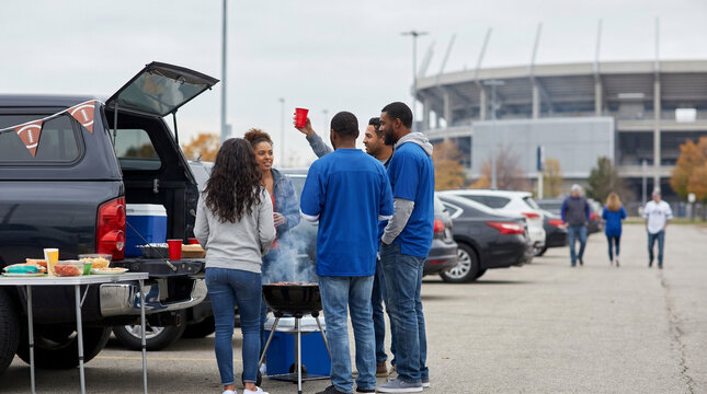 Group of friends enjoying a tailgate party outside stadium parking lot  