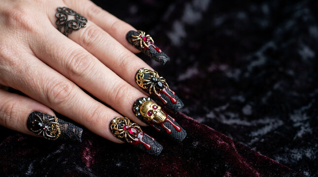 Cinematic halloween, gothic maximalist style nail art on hand with black velvet background, featuring gold skulls, spiders and fake blood gems