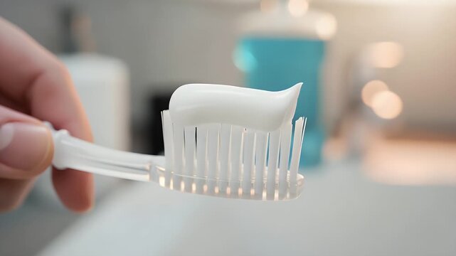 Close up view of a hand holding a plastic toothbrush with fresh white toothpaste applied to the bristles ready for brushing teeth in the morning