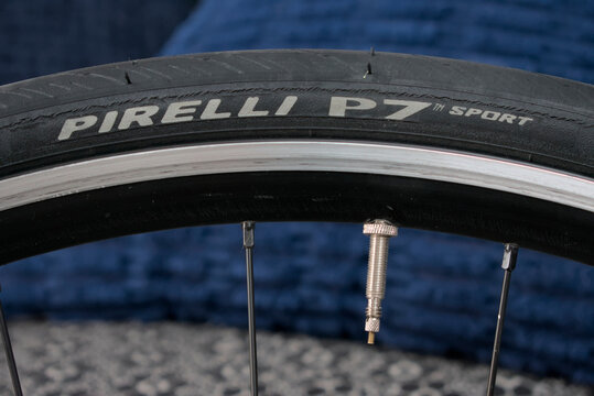Zapopan Jalisco, Mexico - July 17, 2026: Close up macro shot of a Pirelli P7 Sport road bicycle tire with valve