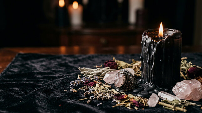 Black candle burning on altar with healing crystals rose quartz and dry herbs for wicca ritual witchcraft magic spell close up panoramic