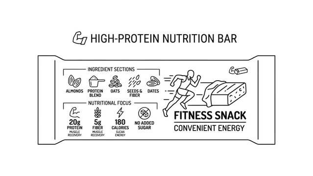 Minimalist Line Art Illustration of a Healthy Protein Nutrition Bar Packaging Design.