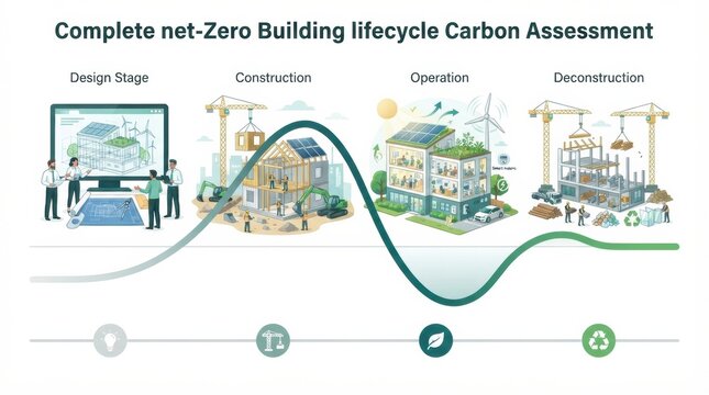 Visual shows steps in net zero building lifecycle including design, construction, operation, and deconstruction phases located in modern architecture.