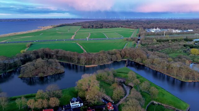 Aerial wide angle panoramic view of a historic star fort fortress with a complex zig-zag moat system surrounded by green ramparts and groves of trees under a pink sunset storm sky