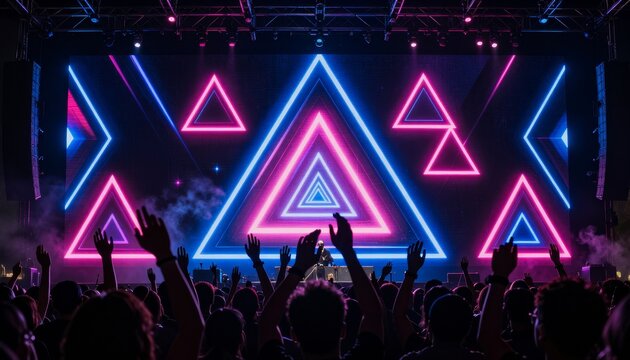 Music Festival DJ Performing Under Neon Geometric Light Display