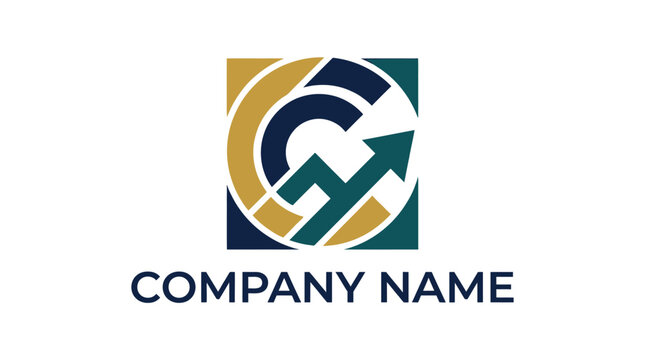 Abstract circular arrow logo with geometric square background.