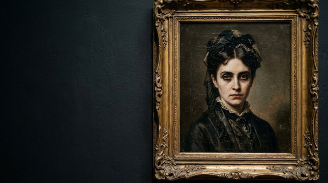 Cinematic halloween, gothic maximalist antique oil painting of a spooky victorian woman in a golden frame on a dark background