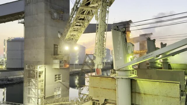 night. commercial port cargo operations. grain loading pipe move. ship moored. cargo compartments open.