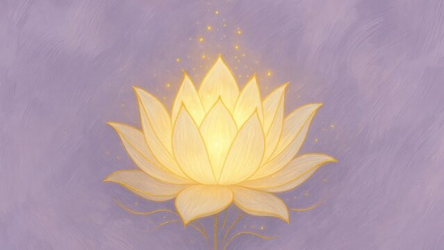 Glowing lotus on purple backdrop.