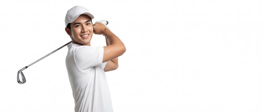 Young male golfer swinging a golf club in a studio setting with white background