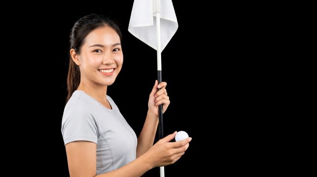 Smiling Woman Holding a Golf Ball and Flagstick on a Black Background