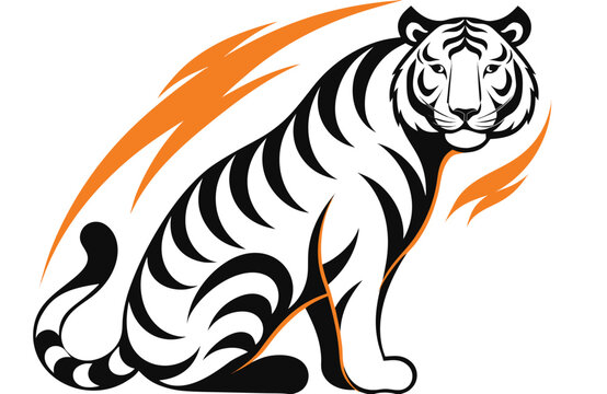 A striking graphic illustration of a tiger in a dynamic pose, with fiery orange accents suggesting power and speed. The tiger is depicted in black and white with bold stripes.