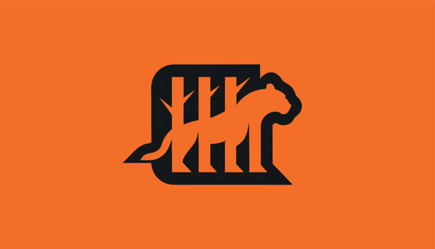 Tiger in cage logo design, wild animal trapped behind bars in an orange background. A stylized tiger is depicted behind vertical bars, symbolizing confinement and freedom struggle