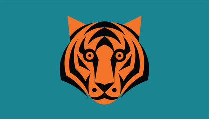 A stylized tiger face with bold orange and black stripes on a teal background © Creative Creating