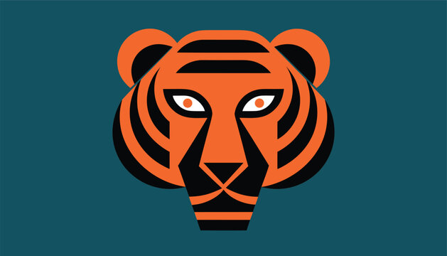 A stylized tiger head with orange and black stripes against a teal background