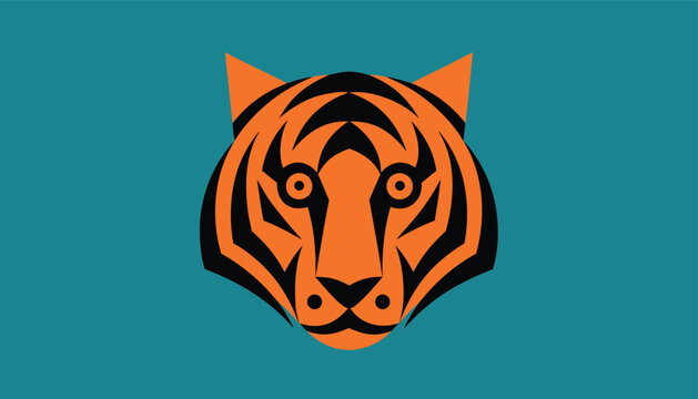 A stylized tiger face with bold orange and black stripes on a teal background