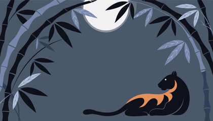A black panther with a striking orange pattern on its side rests elegantly beneath a moonlit sky, framed by bamboo stalks in a serene, dark blue jungle © Creative Creating