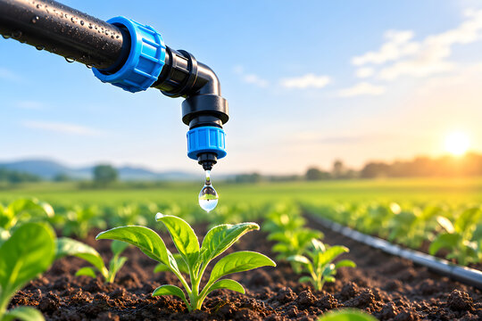 Drip irrigation system watering green sprouts, agricultural field water droplet